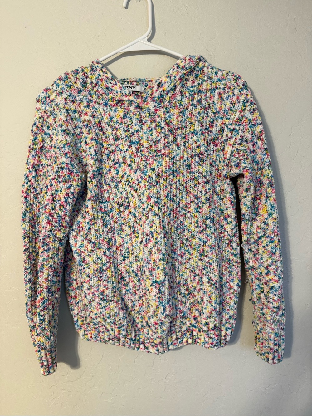 DKNY White Speckled Crewneck Sweater with Multicolor Flecks